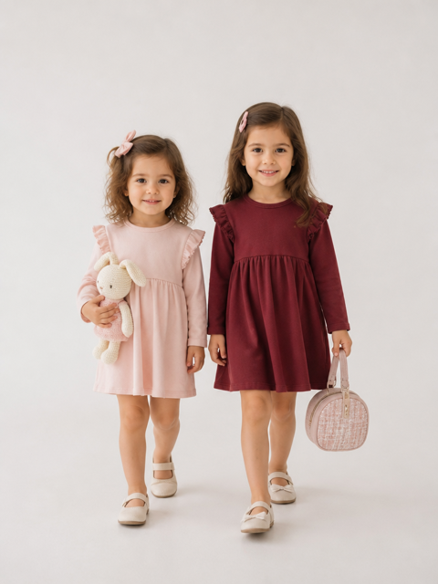 روی مانکن پیراهن دخترانه صورتی/زرشکی فوتر طرح سرشانه چیندار Lil’Atelier