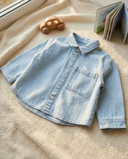 نمای دور پیراهن پسرانه, جین آبی روشن, Zara, پیراهن جین, لباس پسرانه, یقه برگردان, دکمه فشاری