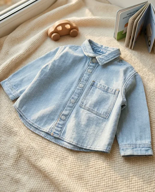 نمای دور پیراهن پسرانه, جین آبی روشن, Zara, پیراهن جین, لباس پسرانه, یقه برگردان, دکمه فشاری