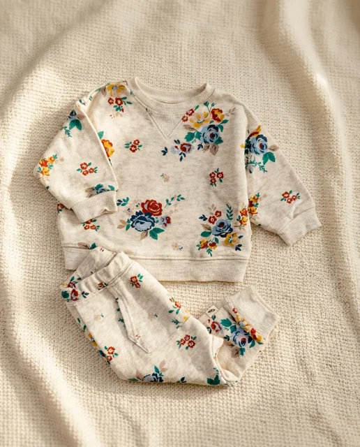 نمای روبرو ست بلوز شلوار دورس طوسی طرح گل easy-peasy | اسکای تاپ خرید لباس بچگانه