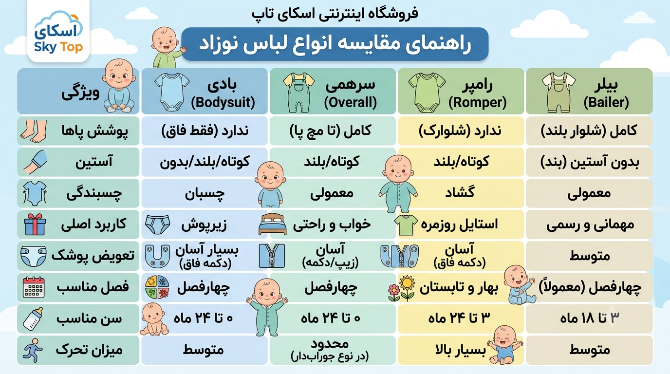 جدول مقایسه تصویری بادی، سرهمی، رامپر و بیلر | اسکای تاپ مرجع تخصصی خرید لباس بچگانه