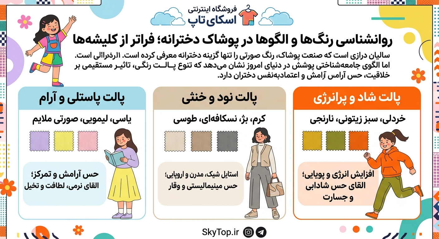 پالت‌های رنگی مدرن برای دختران ۲ تا ۱۰ سال | اسکای تاپ فروشگاه تخصصی پوشاک بچگانه