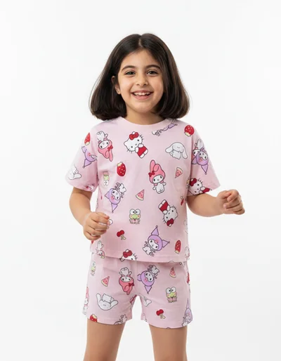 تیشرت شلوارک صورتی نخی طرح Hello Kitty و کرومی