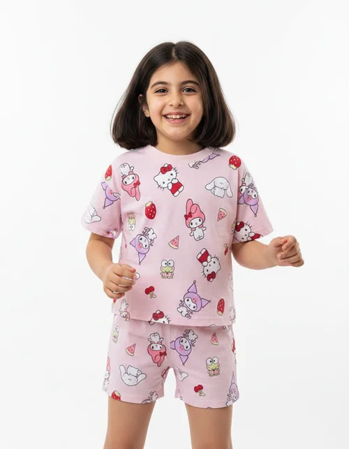 تیشرت شلوارک صورتی نخی طرح Hello Kitty و کرومی