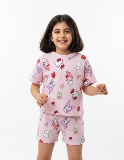 تیشرت شلوارک صورتی نخی طرح Hello Kitty و کرومی