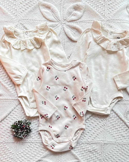 بادی نخی شیری طرح یقه دار ساده / آلبالو / یقه گیپور h&m