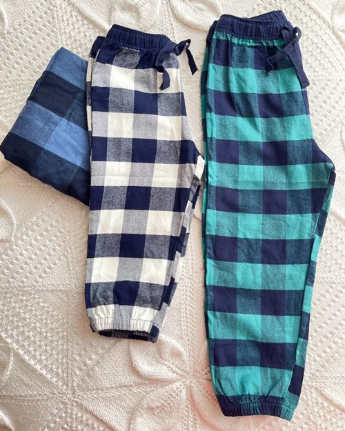 شلوار نخی سبز/سفید/آبی طرح چهارخونه h&m