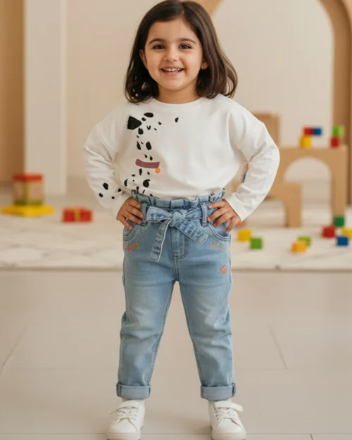 شلوار جین آبی روشن طرح گلدوزی ریز Lulucastagnette
