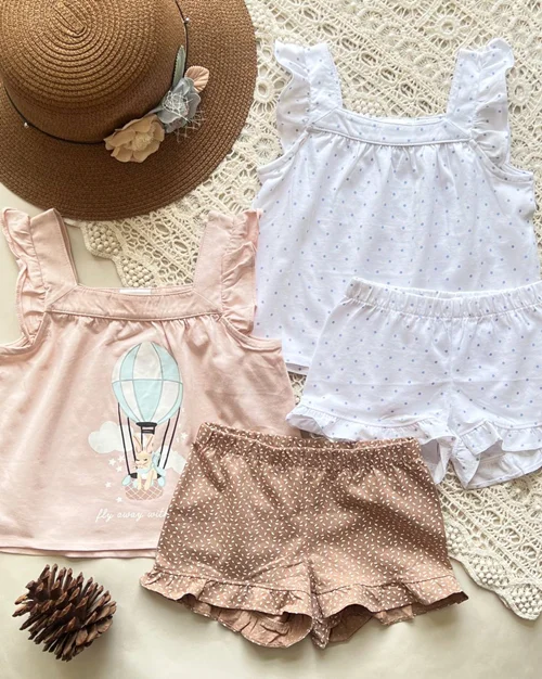 تاپ شلوارک نخی سفید/صورتی قهوه ای طرح خالدار/بالون خرگوش h&m