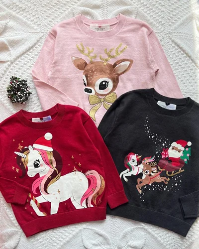 بلوز بافت قرمز/صورتی/زغالی طرح یونیکورن/گوزن/بابانوئل h&m