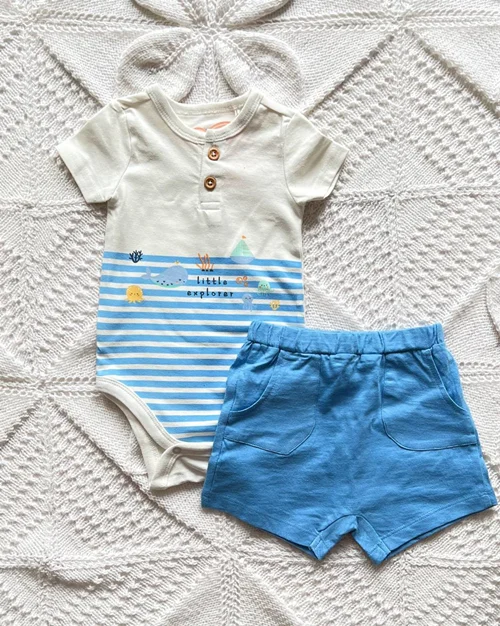 بادی و شلوارک نخی سفید آبی طرح ماهی Lc waikiki