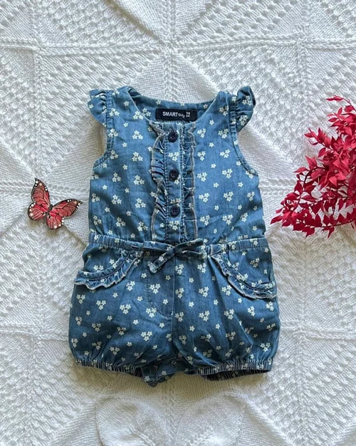 رامپر جین کاغذی آبی طرح شکوفه سفید SMART