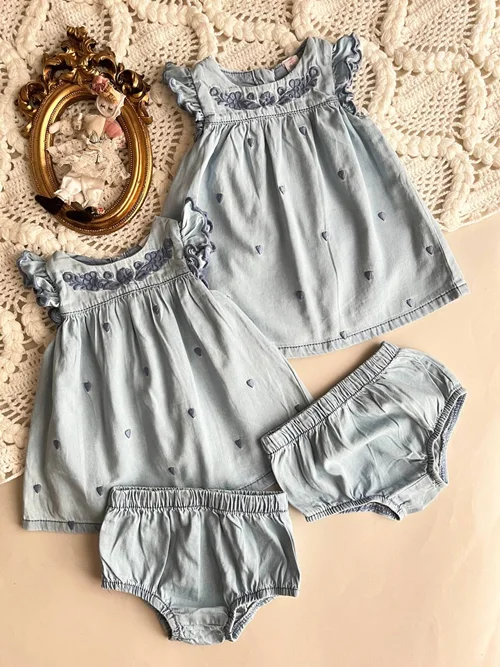 پیراهن شورت جین کاغذی آبی طرح گلدوزی TOPO Lino