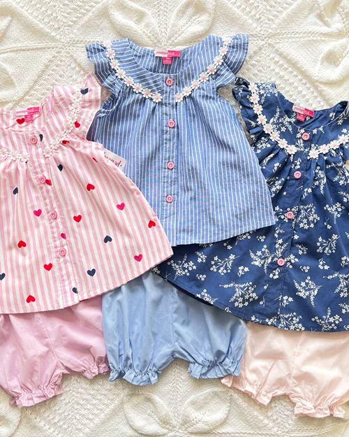 تاپ و‌ شلوارک نخی صورتی/آبی/سورمه ای طرح قلب/راه راه/گل دار  penelopo mack