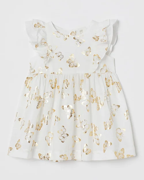 پیراهن نخی سفید طرح پروانه طلایی h&m