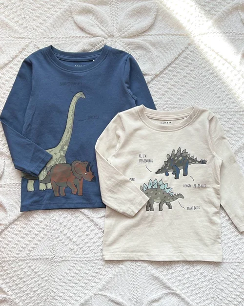 بلوز نخی کرم / آبی طرح دایناسور name it