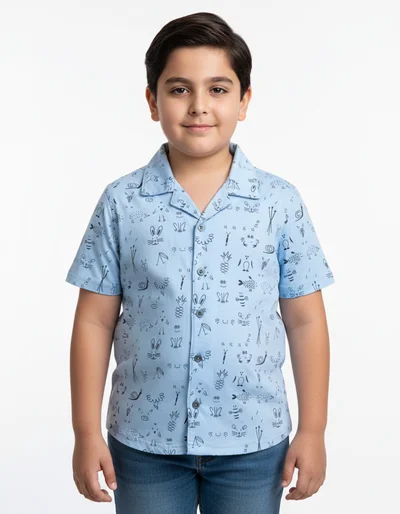 پیراهن آبی نخی طرح حیوانات ریز jack & jones