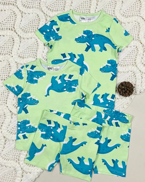 تیشرت شلوارک نخی سبز فسفری طرح دایناسور anko