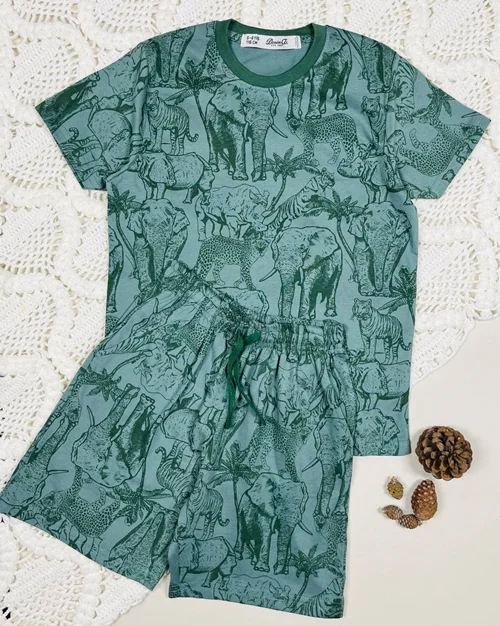 تیشرت شلوارک نخی سبز یشمی طرح حیوانات Denin