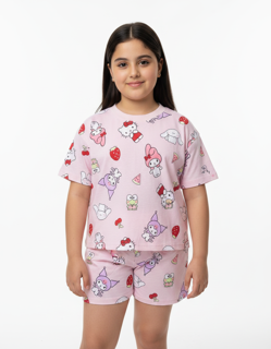 تیشرت شلوارک صورتی نخی طرح هلو کیتی