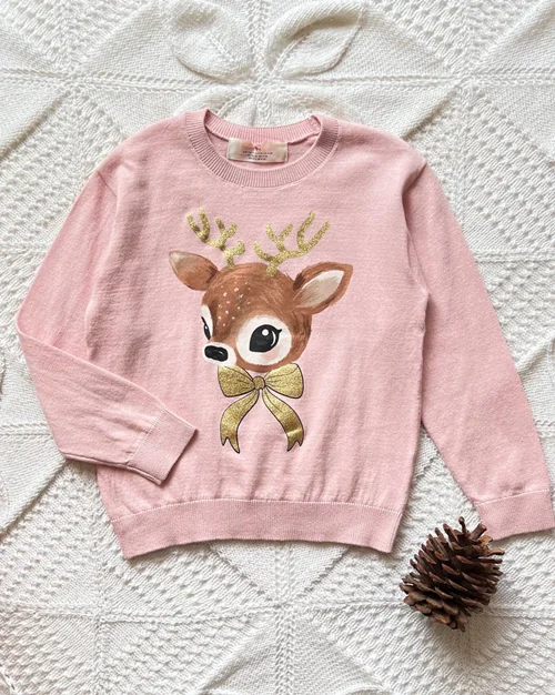 بلوز بافت صورتی طرح گوزن h&m