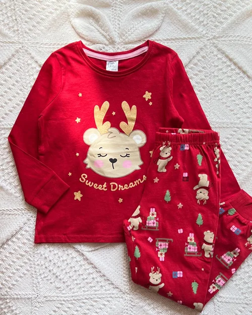 بلوز شلوار نخی قرمز طرح گوزن little kids