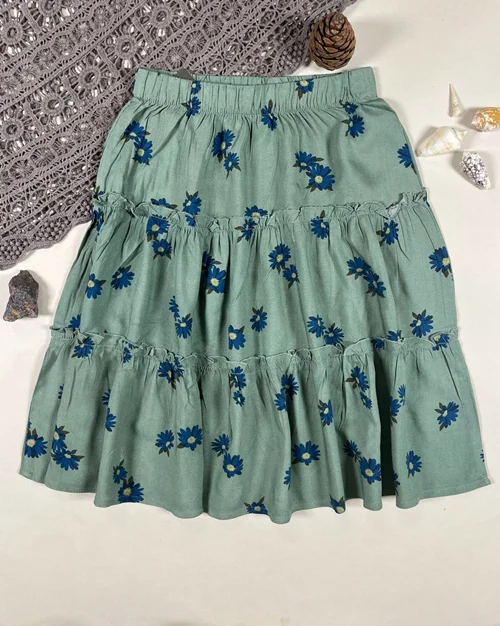 دامن نخی سبز طرح گل سرمه ای