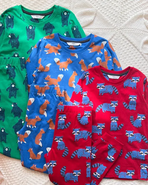 بلوز شلوار نخی سبز / آبی / قرمز طرح حیوانات M&s