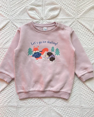 بلوز تو پنبه ای صورتی چرک طرح روباه و جوجه تیغی topomini