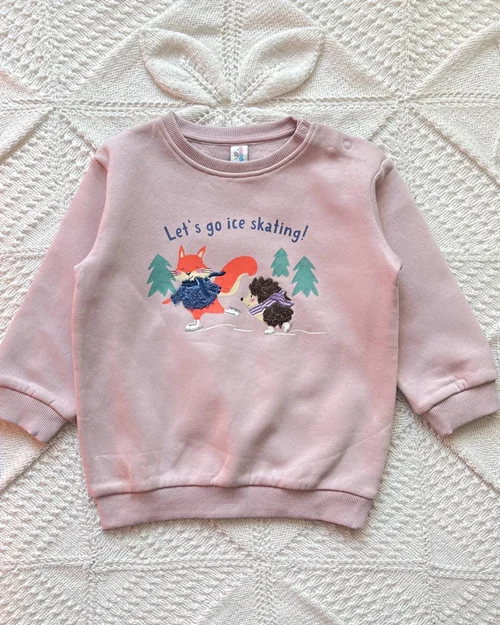 بلوز تو پنبه ای صورتی چرک طرح روباه و جوجه تیغی topomini