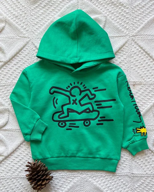 هودی توپنبه ای سبز طرح آدمک اسکیت سوار h&m