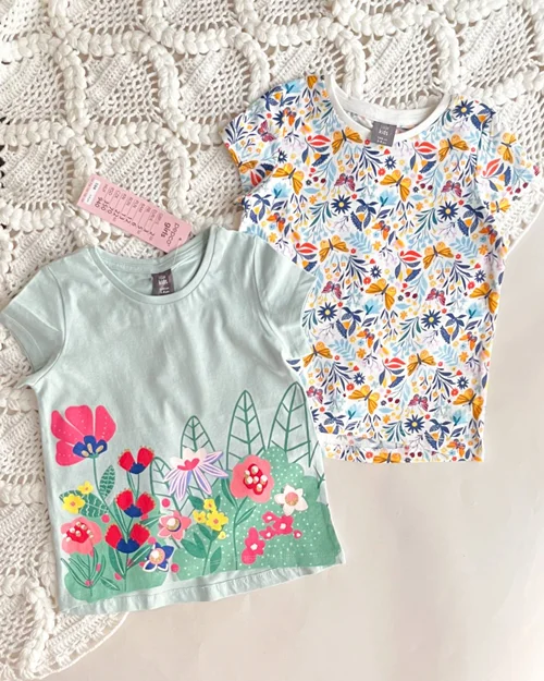 تیشرت نخی سفید / سبز آبی طرح گل pepco