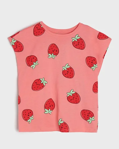 تیشرت نخی گلبهی طرح توت فرنگی  sinsay