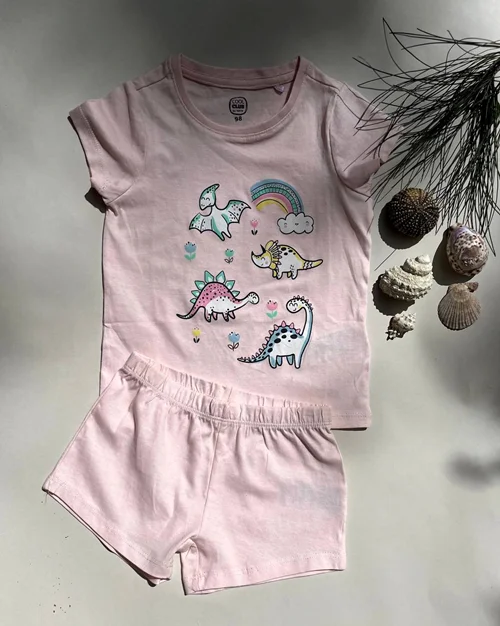 تیشرت شلوارک نخی صورتی طرح دایناسور COOL CLUB