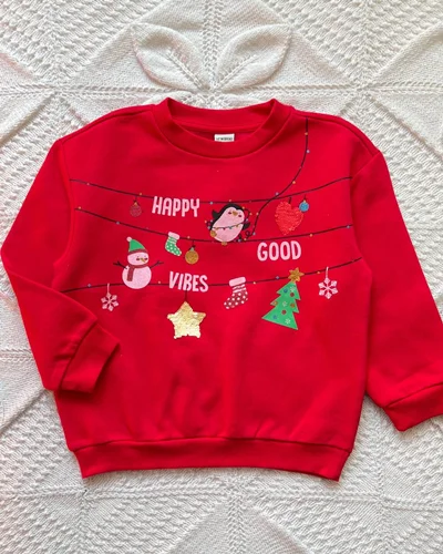 بلوز تو پنبه ای قرمز طرح آدم برفی و پنگوئن LC Waikiki