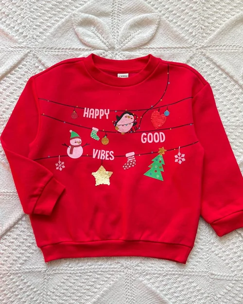 بلوز تو پنبه ای قرمز طرح آدم برفی و پنگوئن LC Waikiki