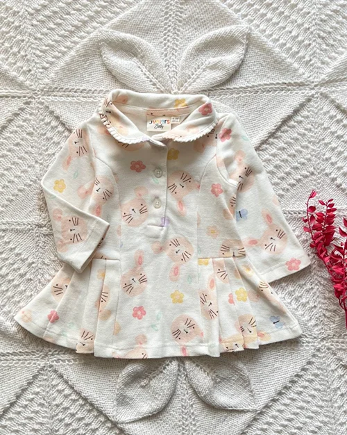 پیراهن جودون کرم طرح خرگوش junior