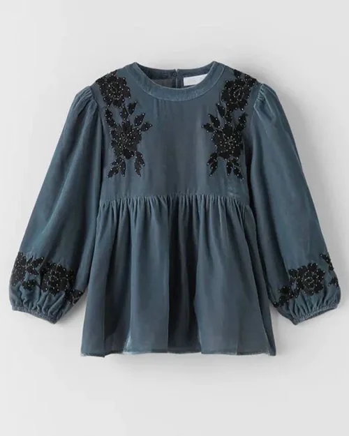 تونیک مخمل آبی نفتی طرح گلدار zara