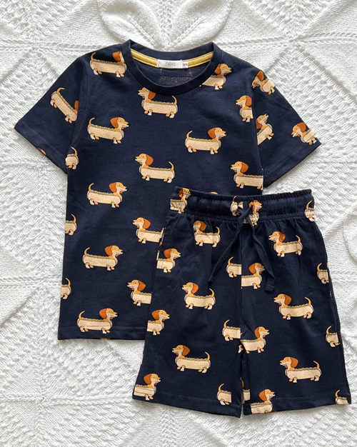 تیشرت شلوارک‌ نخی سورمه ای طرح سگ پا کوتاه next