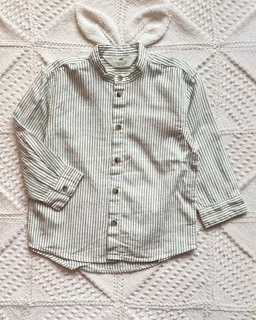 پیراهن نخی سفید طرح راه راه سبز کمرنگ h&m