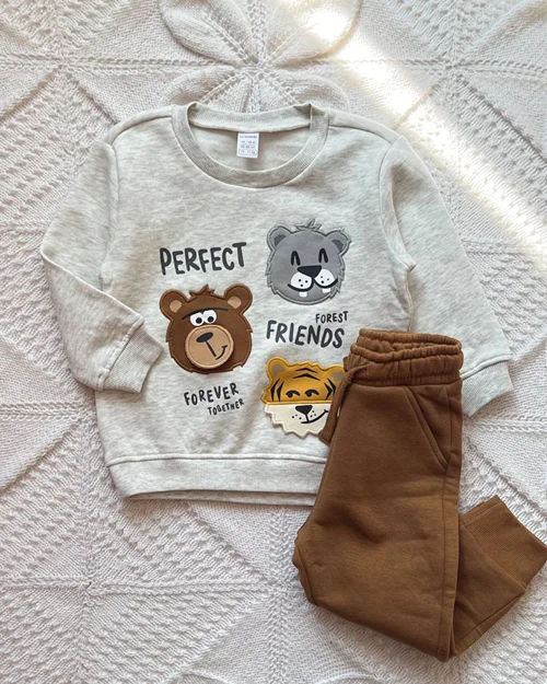 بلوز شلوار تو پنبه ای طوسی/قهوه ای طرح حیوانات Lc waikiki