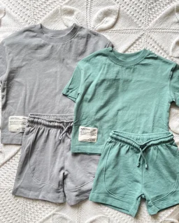 تیشرت شلوارک سبزآبی/طوسی نخی/دورس طرح بیسیک zara