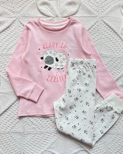 بلوز شلوار نخی صورتی سفید طرح ببعی OVS