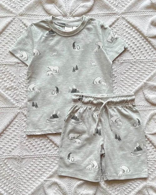 تیشرت شلوارک نخی طوسی طرح خرس قطبی next