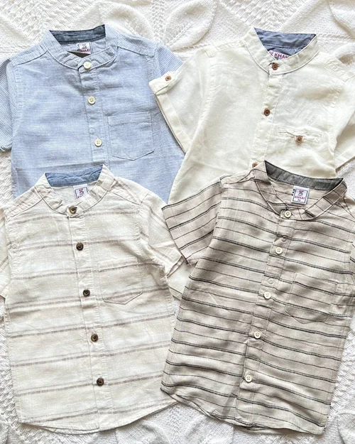 پیراهن نخی شیری / کرم / قهوه ای طرح راه راه KHAKI