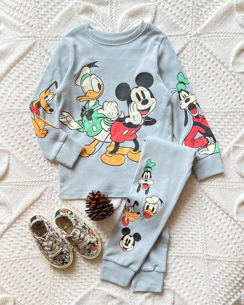 بلوز شلوار نخی آبی طرح میکی و دوستان next