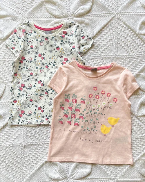 تیشرت نخی سفید طرح توت فرنگی و صورتی طرح جوجه pepco