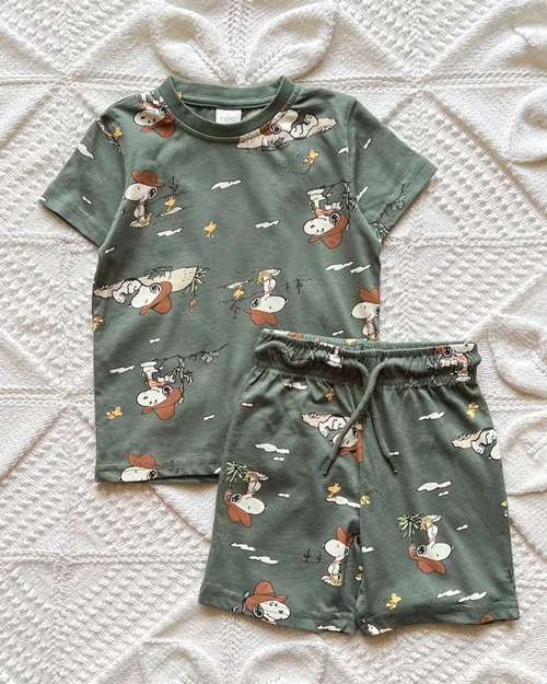 تیشرت شلوارک نخی سبز طرح اسنوپی next