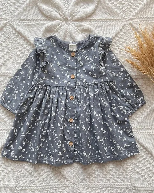 پیراهن نخی طوسی طرح گل سفید h&m