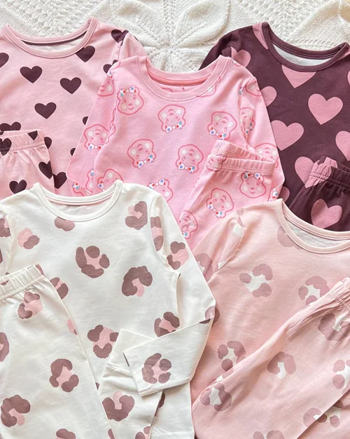 بلوز شلوار نخی شیری/صورتی/جگری طرح پلنگ/قلب/خرس george